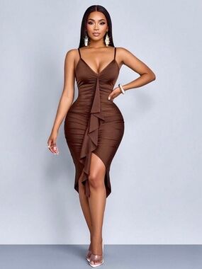 Brown Ruffle Front Bodycon Dress - Women's Elegant Evening Dress